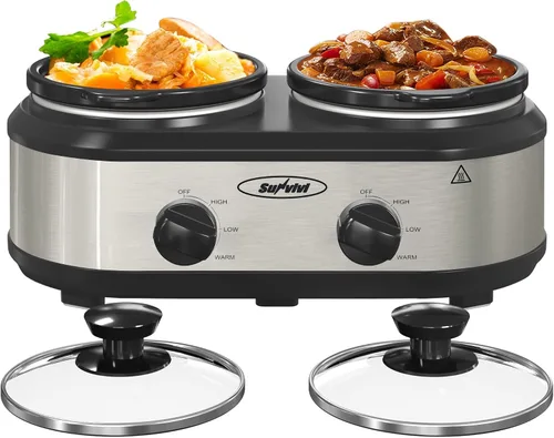 Miniatura 8 de Sunvivi Doble olla de cocción lenta, servidor de buffet y calentador con 2 ollas de cerámica extraíbles, 3 ajustes de temperatura ajustables y 2 Gris
