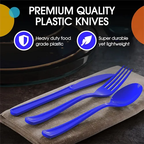 Miniatura 4 de Party Solids Tenedores de plástico azul oscuro, 200 piezas, tenedores azul oscuro, utensilios desechables, juego de cubiertos de plástico