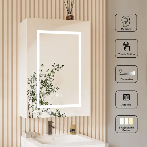 Miniatura 5 de Gabinetes de medicina LED para baño, botiquín iluminado con espejo, tocador de baño de montaje en superficie con almacenamiento, brillo ajustable