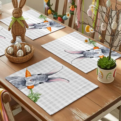 Miniatura 4 de Easter Placemats Funny Rabbit Carrots Place Mats for Dining Room Dinner Table Leaves Retro Washable Table Mats Spring Easter Day Kitchen Decorations