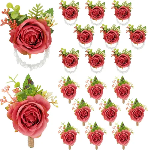 Sherr Juego de 20 ramilletes de rosas y boutonniere, ramillete de muñeca de flores, pulsera de pulsera para novio y hombre, boutonniere de boda,
