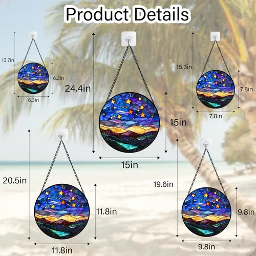 Miniatura 7 de Arte de Vidrio para Colgar en Ventanas, Cielo Azul con Estrellas de Oro Paisaje Abstracto Atrapasoles para Puertas y Ventanas, Adornos
