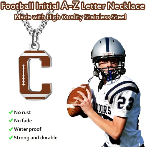 Miniatura 2 de AIAINAGI Collar con letra inicial de fútbol A-Z para niños, dije de fútbol americano, cadena de plata de acero inoxidable, regalo de fútbol