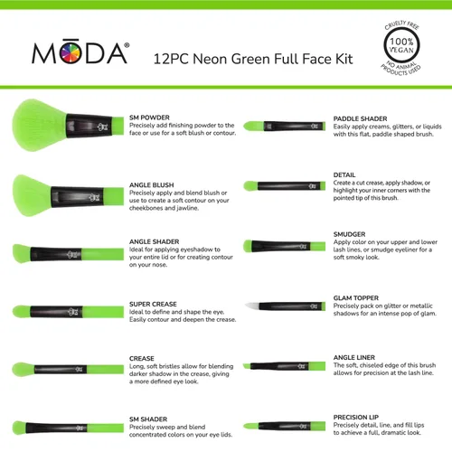 Miniatura 5 de MODA Juego de brochas de maquillaje verde neón, 12 piezas veganas para rostro y ojos, para base, rubor, polvo y sombra de ojos, cerdas sintéticas
