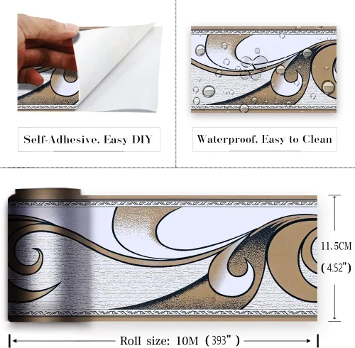 Miniatura 3 de Papel tapiz autoadhesivo para despegar y pegar, diseño moderno abstracto dorado/marrón/blanco extraíble para pared, bordes decorativos para techo
