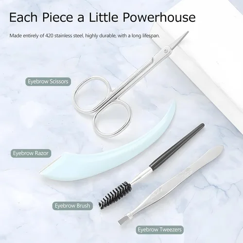 Miniatura 5 de Kit de recortador de cejas, juego 5 en 1 con tijeras para cejas, maquinilla de afeitar, pinzas, cepillo y espejo para mujer, incluye bolsa de cuero