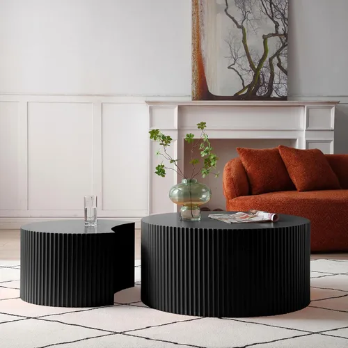 Miniatura 29 de Moderna mesa auxiliar anidable, mesa auxiliar redonda de madera, juego de 2 para espacios pequeños, sala de estar, color negro