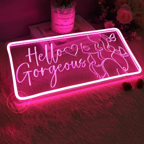 Miniatura 3 de Britrio Letrero de neón Hello Gorgeous para decoración de pared, luz de neón LED rosa, señal de pared de mariposa en forma de corazón