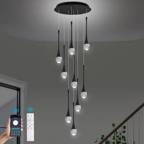 Miniatura 9 de Moderno candelabro de cristal de 7 luces, color negro, H60 pulgadas, techo alto, espiral, regulable, LED, burbuja, gota de lluvia, lámpara