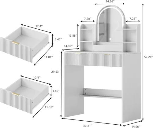 Miniatura 3 de TOKSOM Escritorio de tocador de maquillaje con espejo y luces, mesa de tocador blanca con 2 cajones y estantes de almacenamiento abiertos, juego