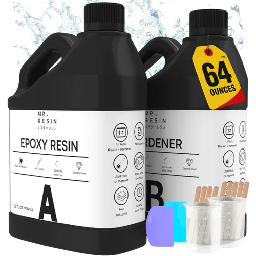 Kit de resina epoxi de 64 onzas por Mr. Resin Crystal Clear Epoxy Resin para artes y manualidades: ¡cura en 24 horas! Mesas de río, moldes, llaveros