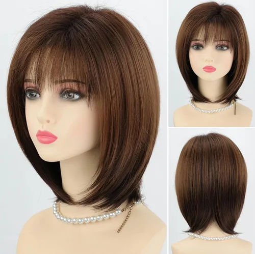 Miniatura 13 de RENERSHOW Pelucas rubias en capas para mujeres blancas con flequillo, peluca de pelo corto lacio, peluca sintética de color rubio degradado