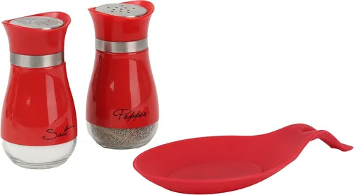 Juego de cuchara redonda de silicona y coctelera de sal y pimienta de vidrio de 4 oz (rojo)