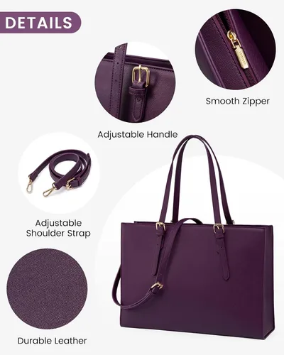 Miniatura 7 de LOVEVOOK Bolsa para laptop para mujer, bolsa de trabajo para laptop de 15.6 pulgadas, maletín grande de cuero impermeable para oficina, beige y negro