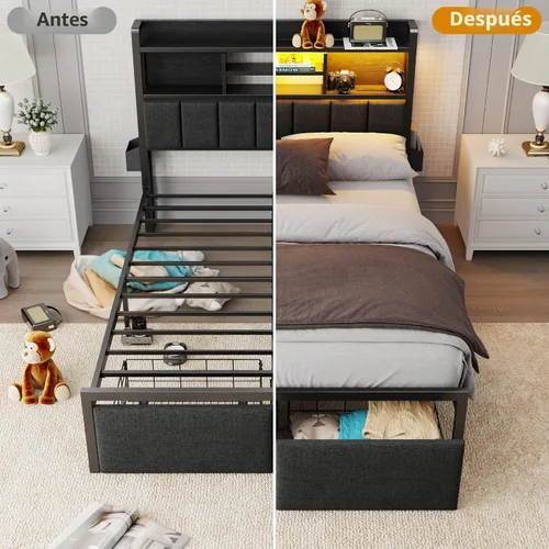 Miniatura 7 de Furnulem Marco de Cama Tamaño Full con Cabecera Tapizada, Marco de Cama Full con Cajones de Almacenamiento, Estación de Carga y Luces LED