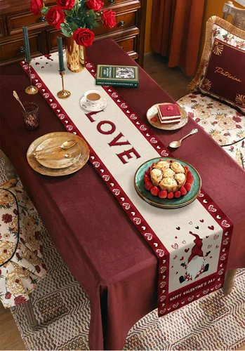 Miniatura 5 de Camino de mesa para decoración del día de San Valentín, diseño de gnomo, corazón, rojo, a cuadros, búfalo, algodón, lino, decoración de mesa