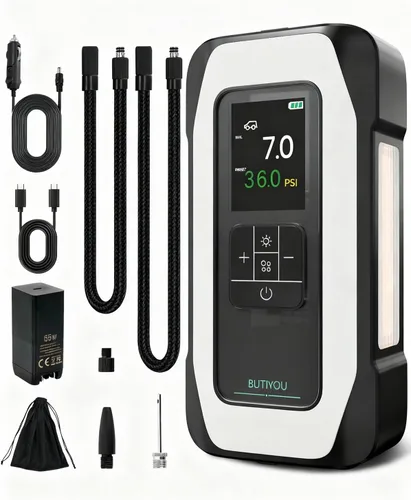 Compresor de aire portátil para inflador de neumáticos BY01, doble cilindro de 150 PSI para neumáticos grandes, 16000 mAh inalámbrico y cable de 12