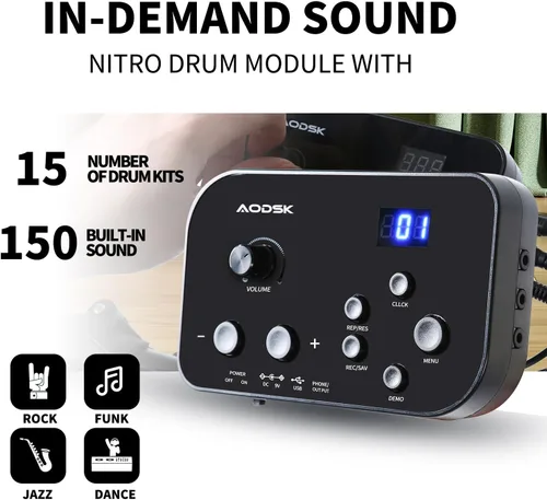 Miniatura 3 de AODSK Batería eléctrica para principiantes con 150 sonidos, 4 almohadillas silenciosas, 2 pedales, trono, palos, batería electrónica