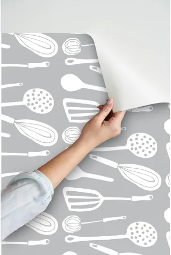 Miniatura 3 de Peel & Stick Wallpaper Swatch - Magic Kitchen Tools Driftwood Grey & White Spoon Egg Vintage Custom Removable Wallpaper by Spoonflower