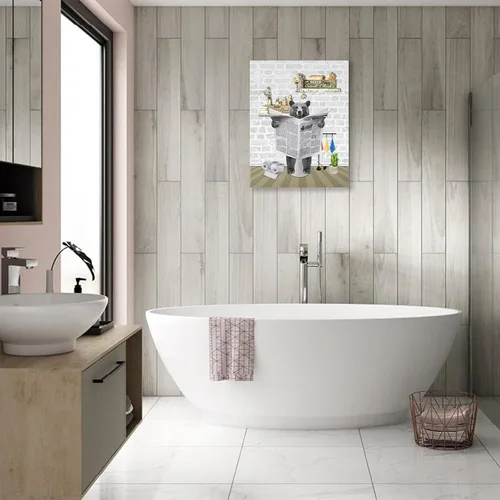 Miniatura 5 de Fuzawet Arte de pared de oso para decoración de baño, lienzo de lectura de periódico, negro en el inodoro, imágenes divertidas de animales