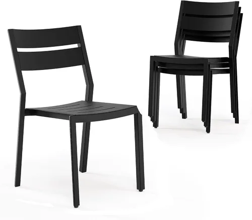 Miniatura 11 de Pellebant Juego de 2 sillas de comedor apilables para exteriores, sillas de patio de aluminio con brazos, para todo tipo de clima, para jardín, Negro
