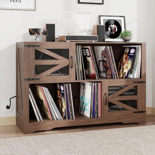 Miniatura 10 de Soporte grande para tocadiscos de 47 pulgadas con almacenamiento de vinilo, gabinete de almacenamiento de discos de vinilo para más de 500