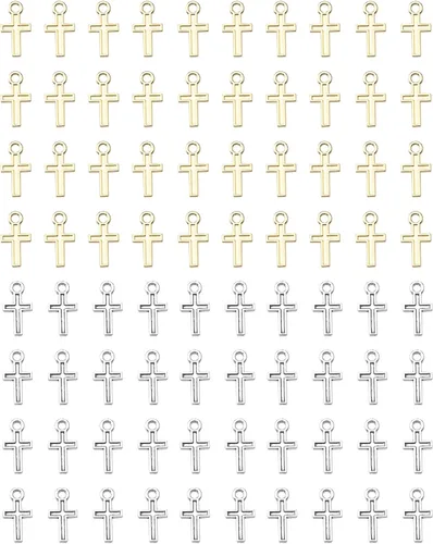 Miniatura 6 de 100 dijes de cruz de plata y oro de 0.630 x 0.315 in, aleación vintage de crucifijo de paz, cuentas para manualidades, kits de fabricación de joyas