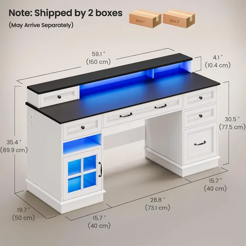 Miniatura 2 de HAUOMS - Escritorio ejecutivo de estilo granja con cajones, escritorio para ordenador con cajones de archivo, toma de corriente y luces LED