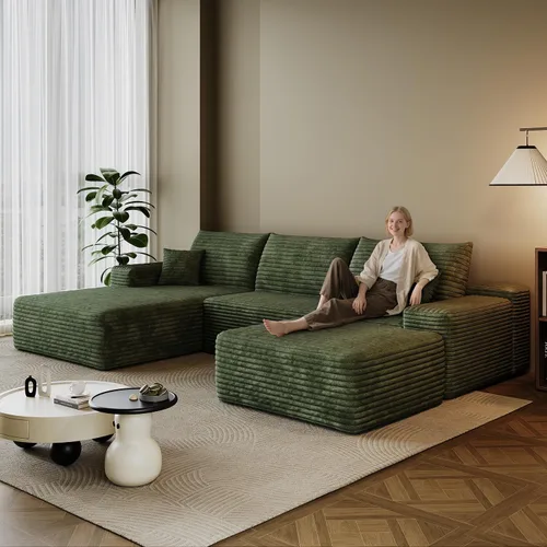 Miniatura 10 de Sofá modular en forma de L de 96 pulgadas con diván, moderno y cómodo sofá de pana para sala de estar, sofá de espuma viscoelástica, no requiere