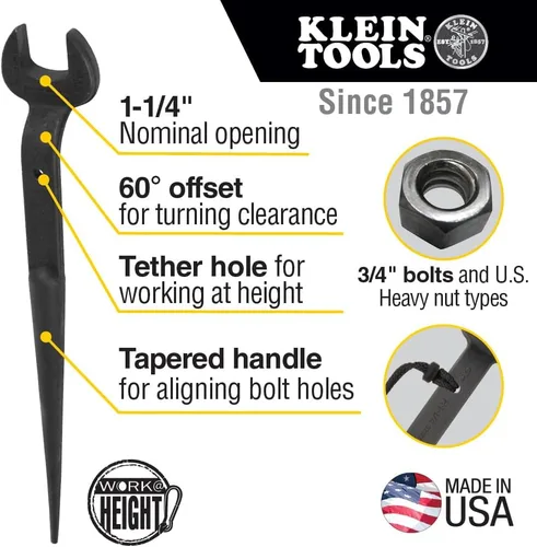 Miniatura 2 de KLEIN TOOLS 3212TT Llave de boca abierta de construcción con orificio para amarrar, fabricada en EE. UU., apertura nominal de 1-1/4 pulgadas, perno
