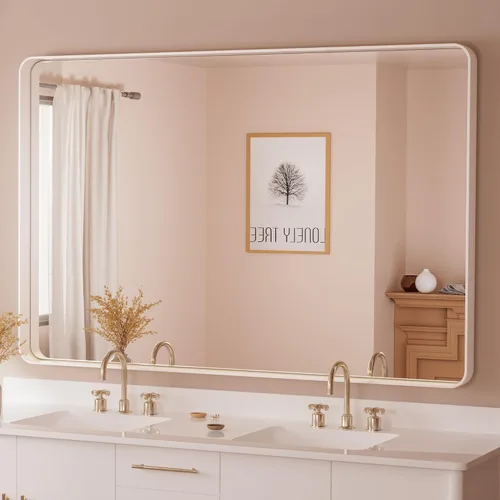 Miniatura 28 de TETOTE Espejo de marco dorado cepillado de 16 x 24 pulgadas, espejo de tocador de baño de latón dorado para pared, espejo enmarcado rectangular