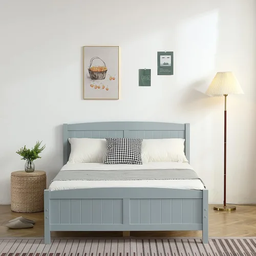 Miniatura 3 de Karl home Base de cama de madera tamaño matrimonial con cabecero, plataforma para dormitorio con estribo, soporte de 12 listones de madera, no Gris