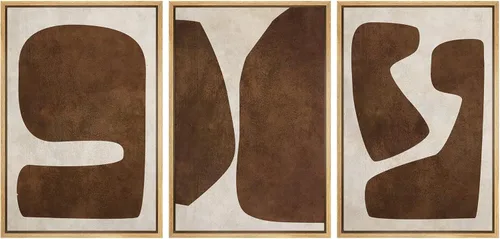 SIGNLEADER Lienzo enmarcado para pared, juego de arte de collage de polígonos retro marrón tostado, ilustraciones con formas abstractas, arte