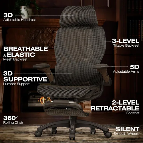 Miniatura 3 de ELABEST X100 Silla ergonómica de oficina con reposapiés, silla grande y alta para escritorio en el hogar con brazos plegables 5D, soporte lumbar