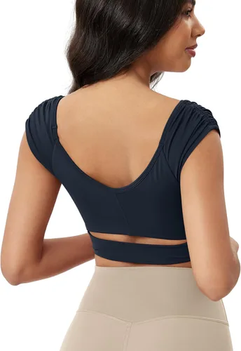 Miniatura 6 de ODODOS Camiseta corta sin mangas con cuello en V y frente fruncido para mujer, recortada en la espalda, manga casquillo