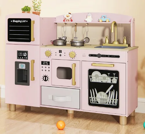 Miniatura 10 de INFANS Juego de cocina para niños, juego de juguetes de cocina de madera para niños pequeños con tablero de dibujo acrílico, máquina de hielo, Blanco