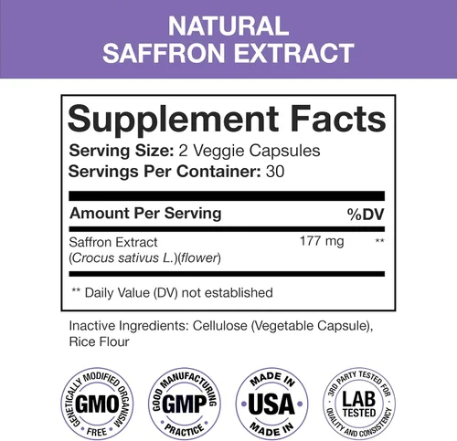 Miniatura 2 de Suplementos de azafrán de 177 mg, extracto de azafrán puro, fabricado en Estados Unidos, apoyo natural del estado de ánimo y energía, apoyo ocular