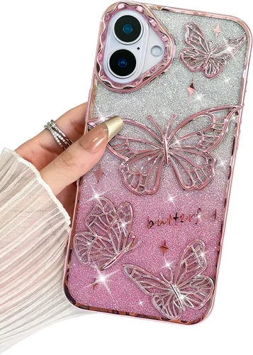 Miniatura 14 de BITOBE Diseñada para iPhone 15 Pro Max, bonita funda de mariposa 3D chapada en purpurina delgada para mujeres y niñas, protección de cámara, Negro
