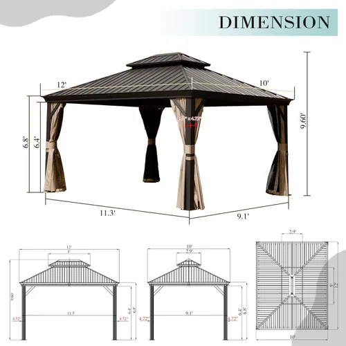 Miniatura 2 de Domi - Cenador para exteriores de 10 x 12 pies, kiosco de techo rígido con marco de aluminio, cenador de pabellón resistente para patio, terraza