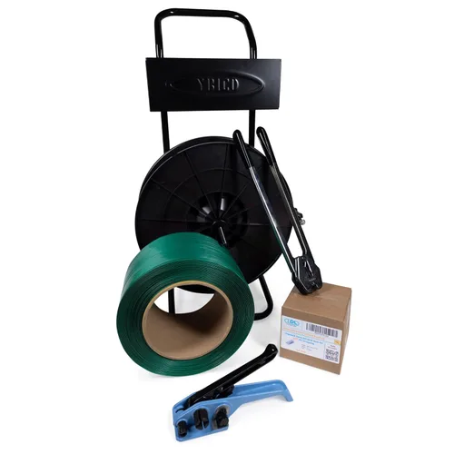 IDL Packaging Kit de flejado de poliéster (PET) estándar de 1/2 pulgadas x 3440 pies con carrito, resistencia a la rotura de 780 libras - Solución