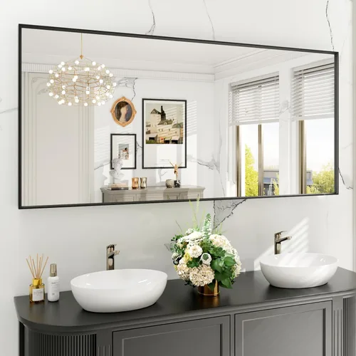 Miniatura 63 de Espejo de baño LED de 60x36 pulgadas con marco negro, espejos de baño retroiluminados y con luz frontal para pared, antiempañamiento, regulable
