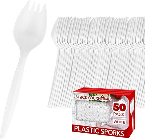 Sporks desechables (paquete de 50) tenedores de plástico blanco, sin BPA, seguros para niños, utensilios 2 en 1, cuchara de tenedor de peso pesado