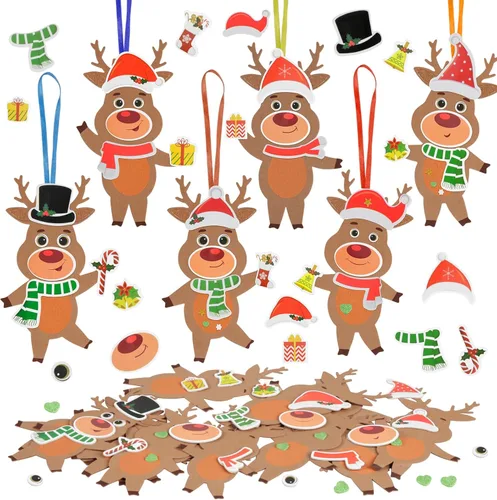 Fennoral Paquete de 12 manualidades de renos para niños Haz tus propios stickers de espuma de reno Adorno DIY Artes y manualidades de Navidad para