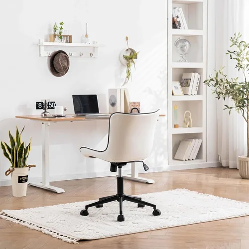 Miniatura 9 de YOUNIKE Silla de escritorio para oficina en casa con ruedas, silla de tocador sin brazos con respaldo, silla cómoda moderna tapizada en cuero, silla