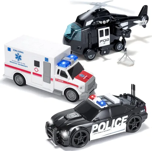 JOYIN Camión de juguete para niños de 3, 4, 5, 6, 7 años, juego de vehículos de policía, juego de vehículos de emergencia, automóvil alimentado por