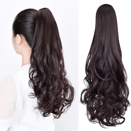 Miniatura 62 de Extensiones de cola de caballo, extensiones de cabello rizado con clip de garra de color marrón oscuro para mujer, peluca sintética de cola