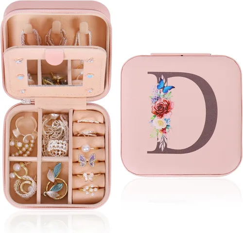 Joyero de viaje, pequeño joyero, regalos para mujeres y niñas, mini organizador de joyas portátil rosa para aretes, anillos, collares con inicial D