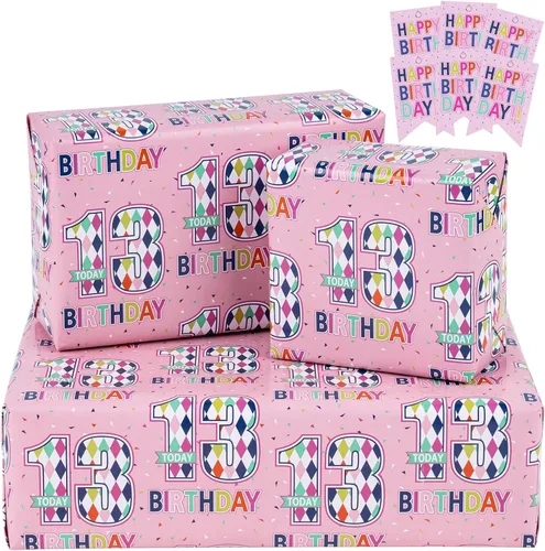 RUSPEPA Hojas de papel de regalo de cumpleaños con etiquetas de regalo para niñas adolescentes, 6 hojas plegables cada juego, 27 x 19 pulgadas, 13
