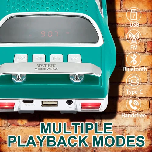 Miniatura 4 de Altavoz Bluetooth retro para automóvil con sonido estéreo HD, emparejamiento TWS, luces LED de fiesta, micrófono incorporado, altavoz Bluetooth Verde