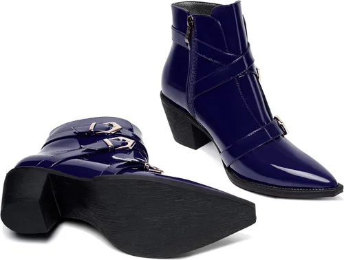Miniatura 7 de SKYSTERRY Botas altas de tacón bajo grueso con cremallera y puntera puntiaguda para mujer, 2.5 pulgadas